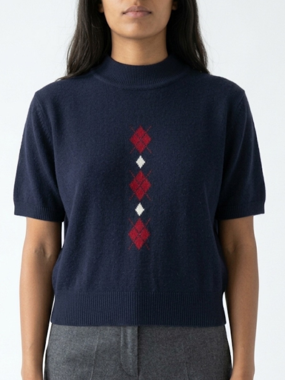 Vintage Traditions Navy Argyle Knit Top |Size 16| Preppy Short Sleeve Sweater |
